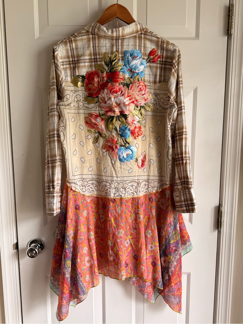 Aratta Silent Journey Boho Plaid & Paisley Handkerchief Hem Tunic Top
